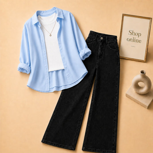 SKY BLUE  BUTTON DOWN SHIRT WITH WHITE TANK TOP BLACK WIDE LEG JEANS (3Pcs)