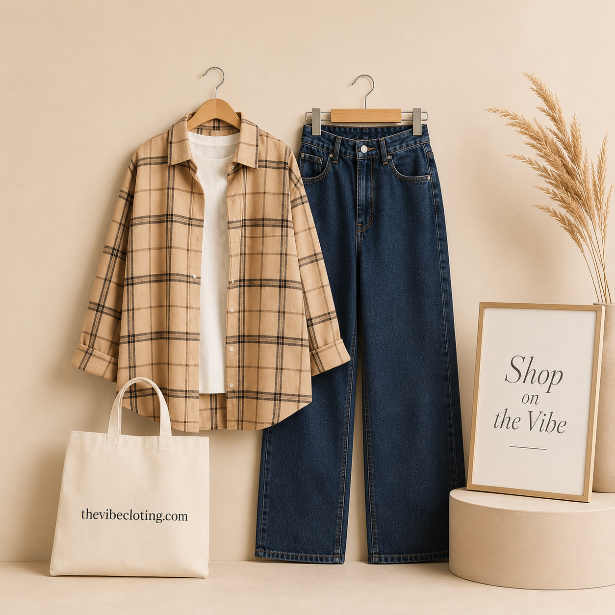 BEIGE CHECK SHIRT WHITE INNER T-SHIRTS WITH  MALAYSIAN BLACK WIDE LEG JEANS (3Pcs)