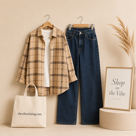 BEIGE CHECK SHIRT WHITE INNER T-SHIRTS WITH  MALAYSIAN BLACK WIDE LEG JEANS (3Pcs)