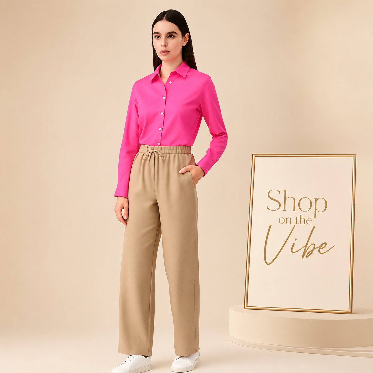 SHOCKING PINK BUTTON DOWN SHIRT WITH BEIGE FLAPPER