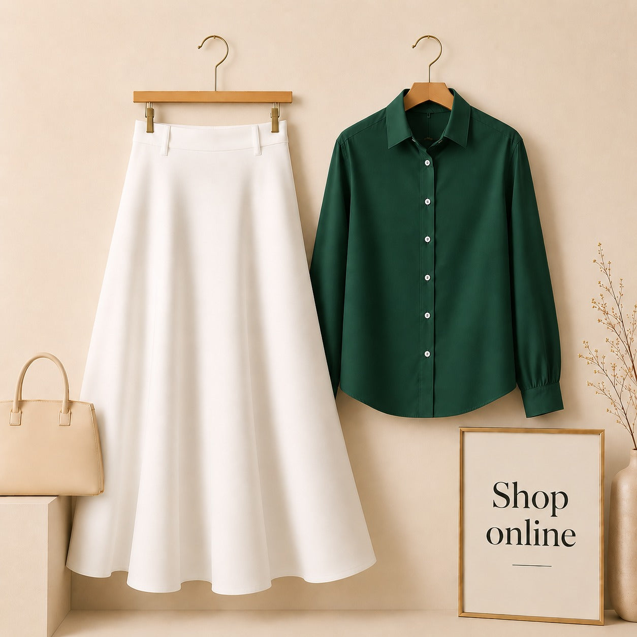 BOTTLE GREEN BUTTON DOWN WITH WHITE COTTON TWILL SKIRT