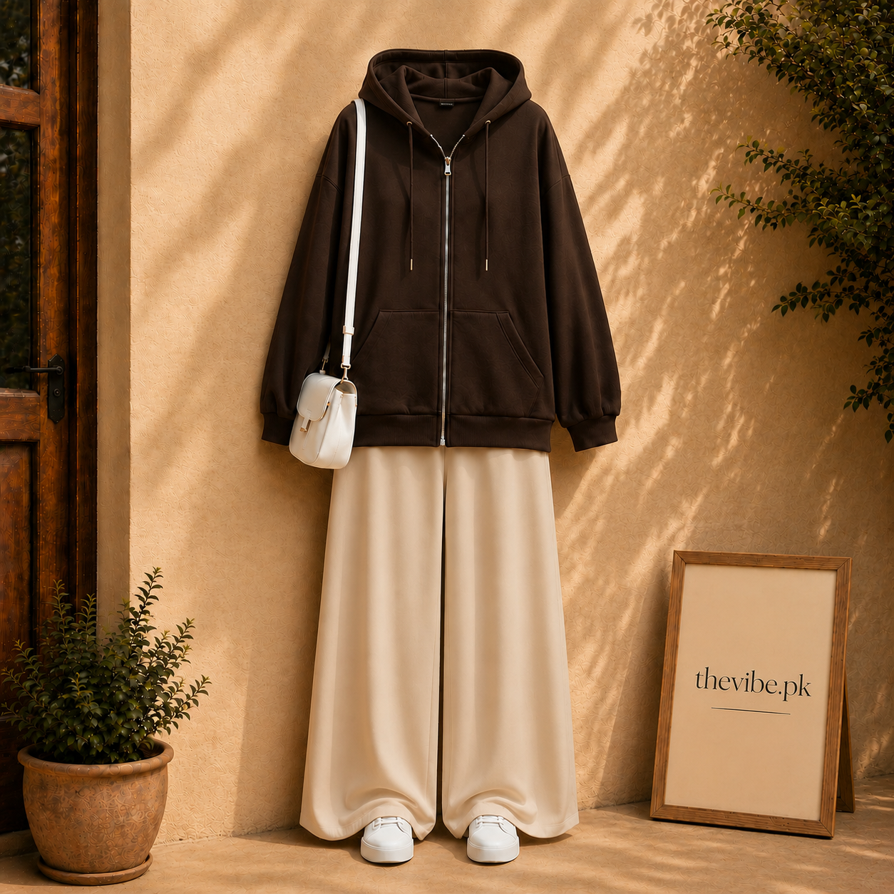 DARK BROWN ZIP HOODIE WITH BEIGE FLAPPER
