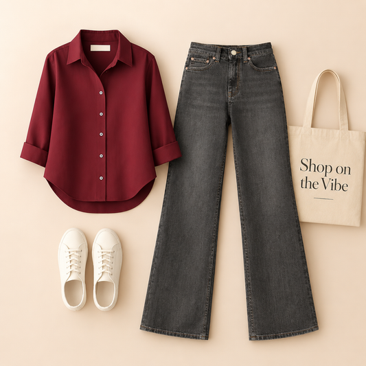 MAROON BUTTON SHIRT WITH MALAYSIAN BLACK WIDE LAG JEANS