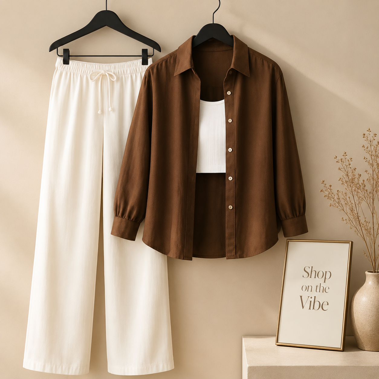 DARK BROWN BUTTON DOWN SHIRT WHITE TANK TOP WITH BEIGE FLAPPER TROUSER (3pcs)