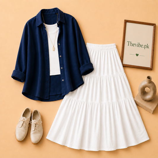 NAVY BLUE BUTTON DOWN SHIRT WITH WHITE TANK TOP AND 3TIER WHITE TWILL SKIRT