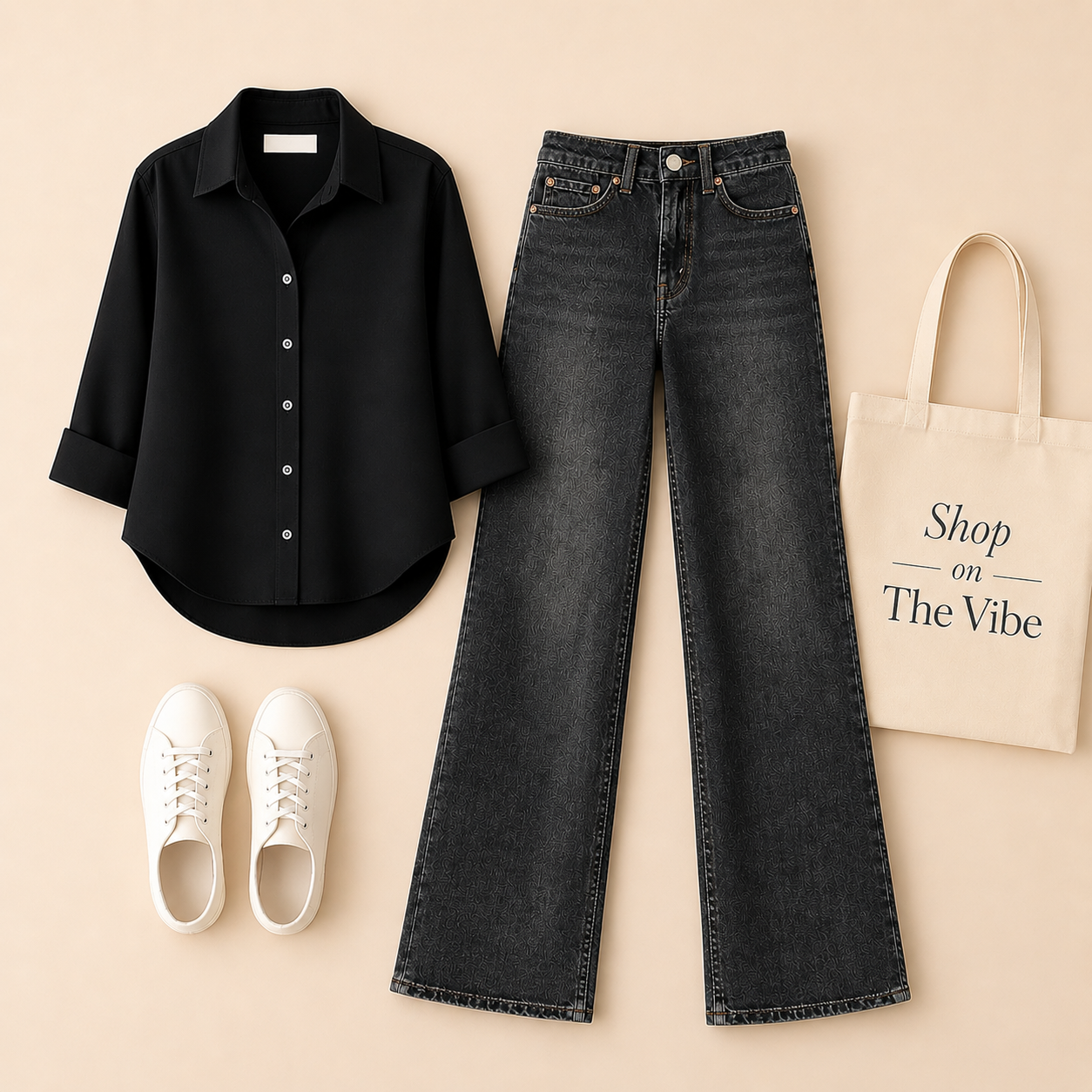 BLACK BUTTON DOWN SHIRT WITH MALAYSIAN BLACK WIDE LAG JEANS
