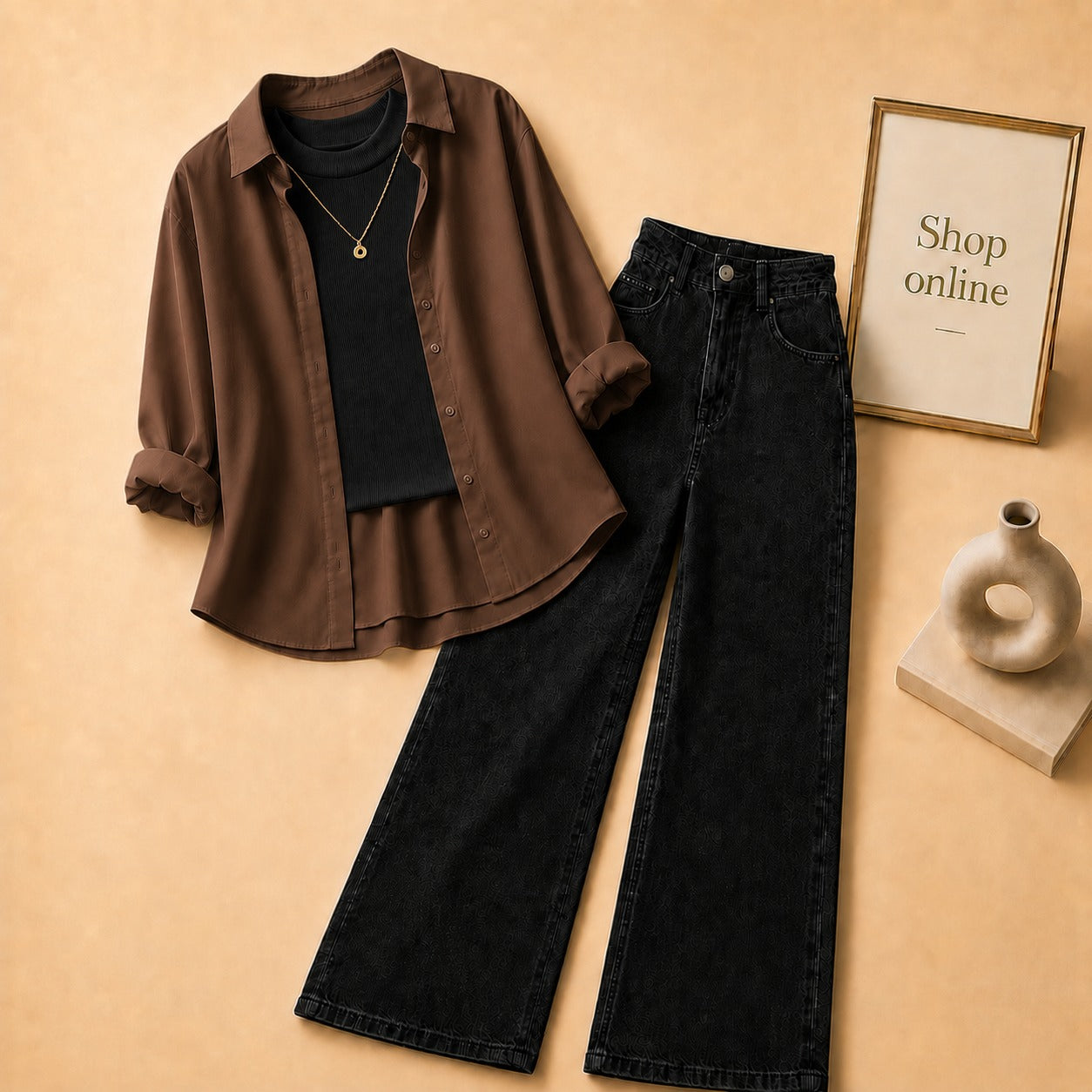 DARK BROWN BUTTON DOWN SHIRT WITH BLACK TANK TOP BLACK WIDE LEG JEANS (3Pcs)