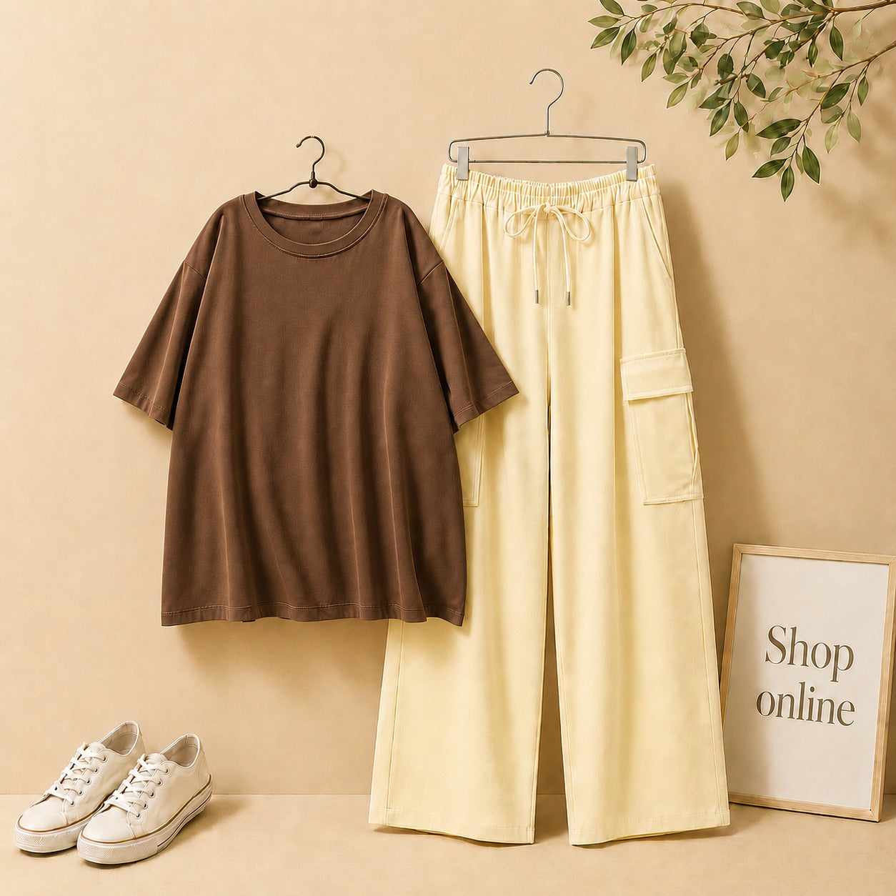 DARK BROWN DROP SHOULDER TEE SHIRT WITH BEIGE CARGO TROUSER