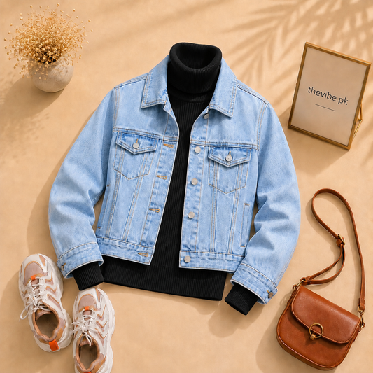 SKY BLUE DENIM JACKET WITH BLACK TURTLENECK