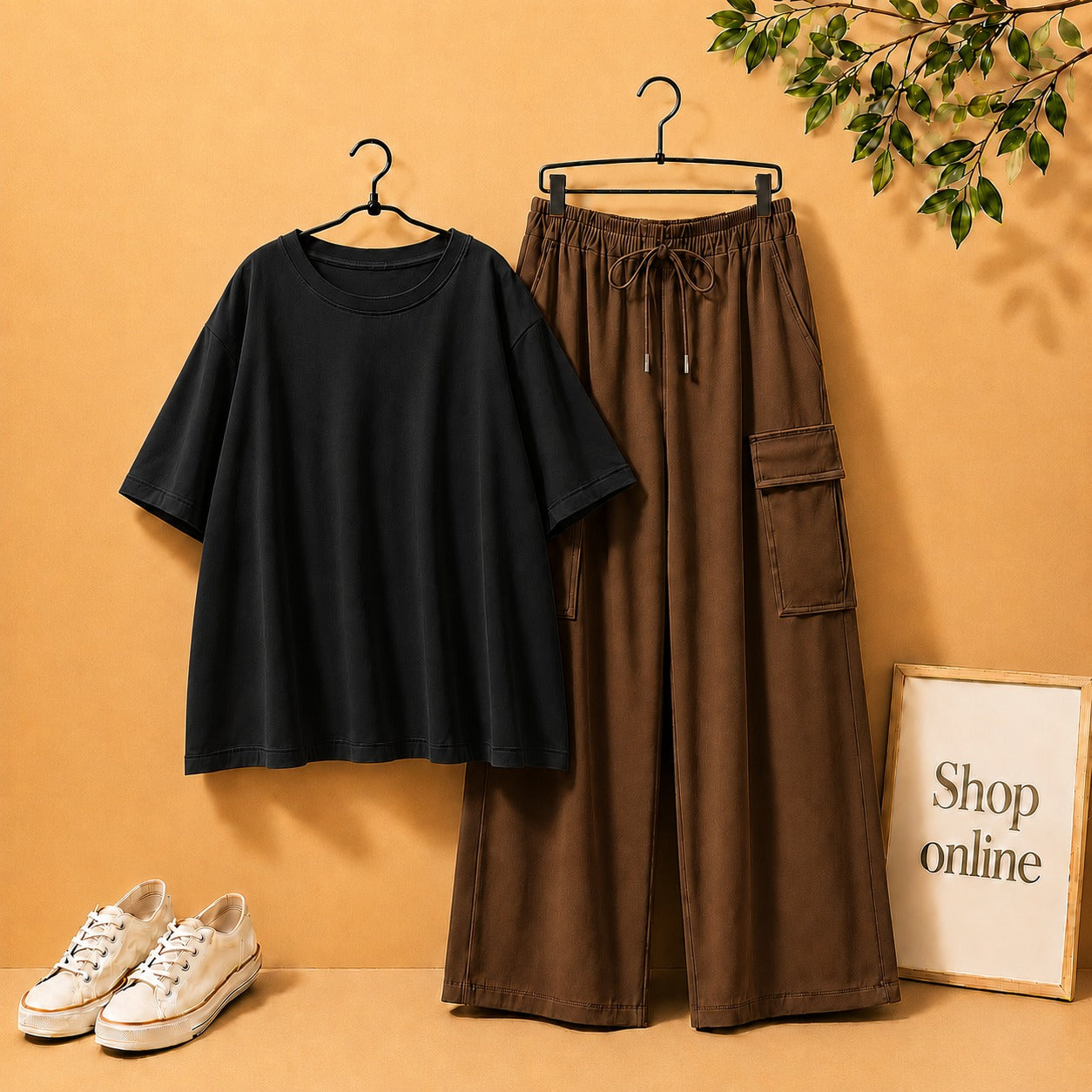 BLACK  DROP SHOULDER TEE SHIRT WITH DARK BROWN CARGO TROUSER