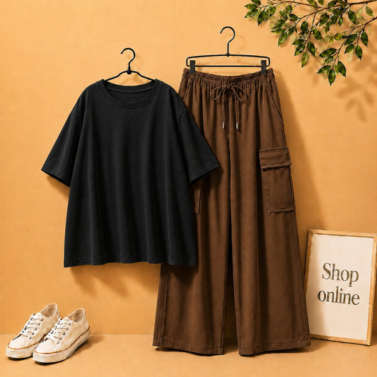 BLACK  DROP SHOULDER TEE SHIRT WITH DARK BROWN CARGO TROUSER