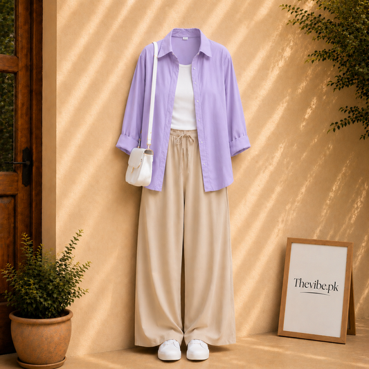LILAC BUTTON DOWN SHIRT WITH WHITE TANK TOP AND BEIGE FLAPPER