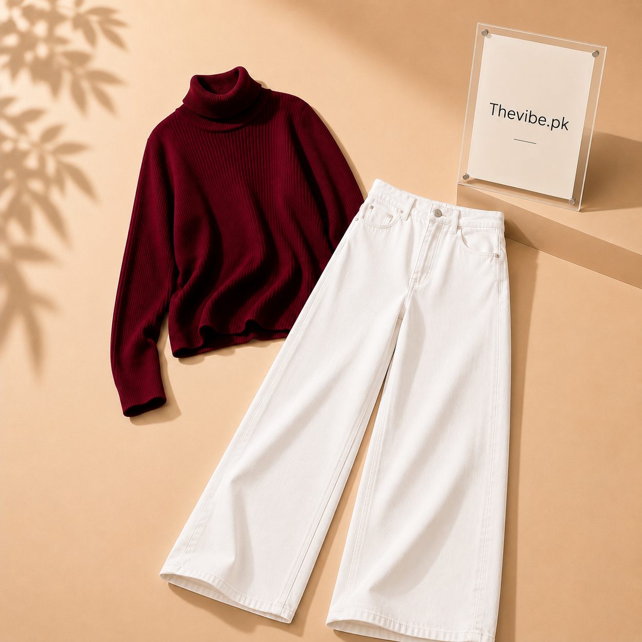 MAROON RIBKNIT HIGH NACK WITH WHITE WIDE LEG JEANS