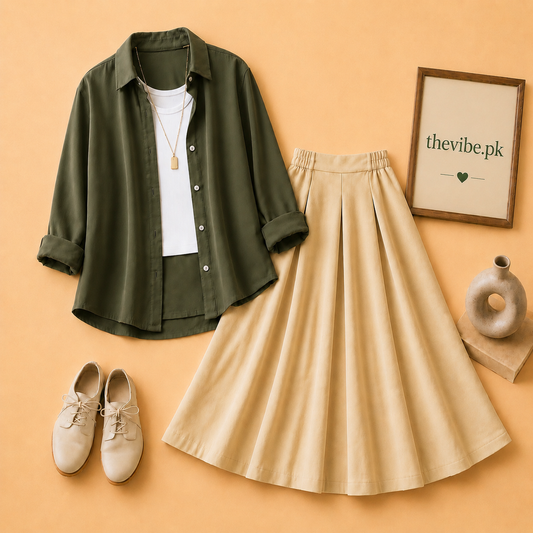 OLIVE GREEN BUTTON DOWN SHIRT WITH WHITE TANKTOP AND BEIGE TWILL SHIRT