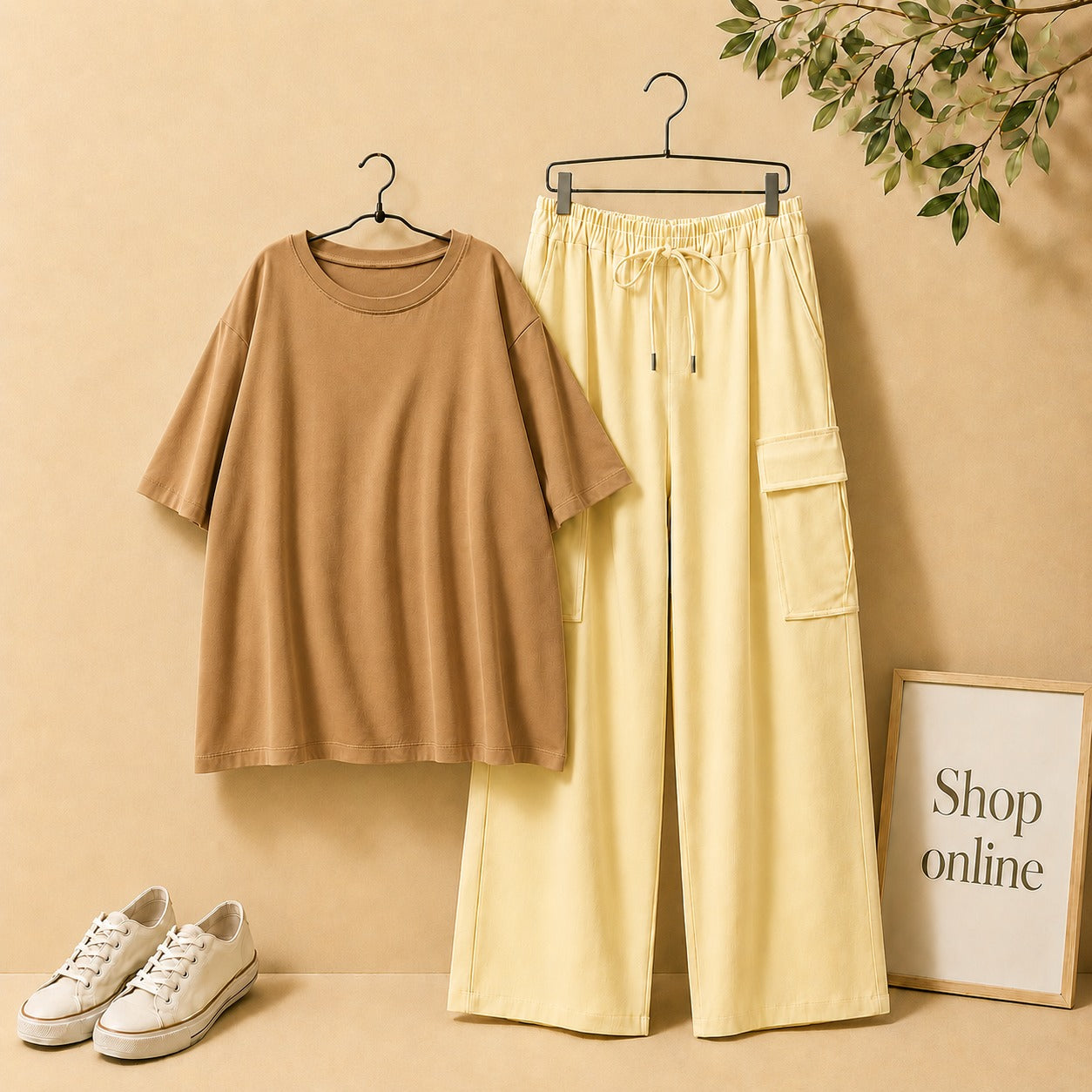 LIGHT BROWN BROWN DROP SHOULDER TEE SHIRT WITH BEIGE CARGO TROUSER