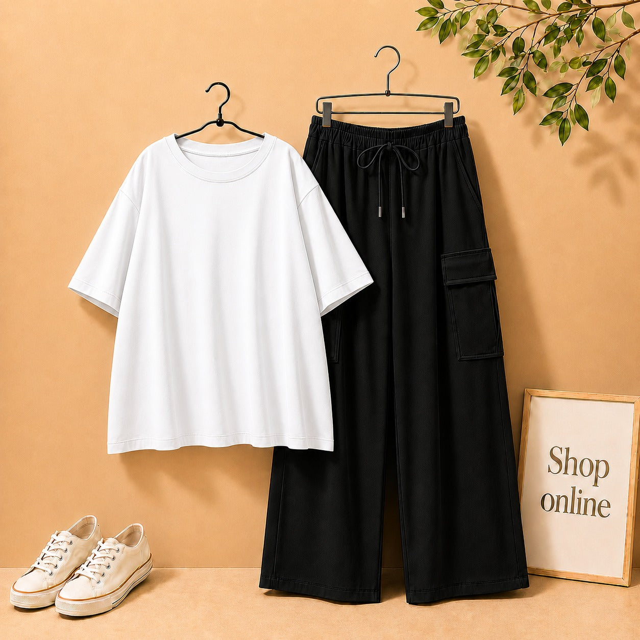 WHITE DROP SHOULDER TEE SHIRT WITH  BLACK CARGO TROUSER