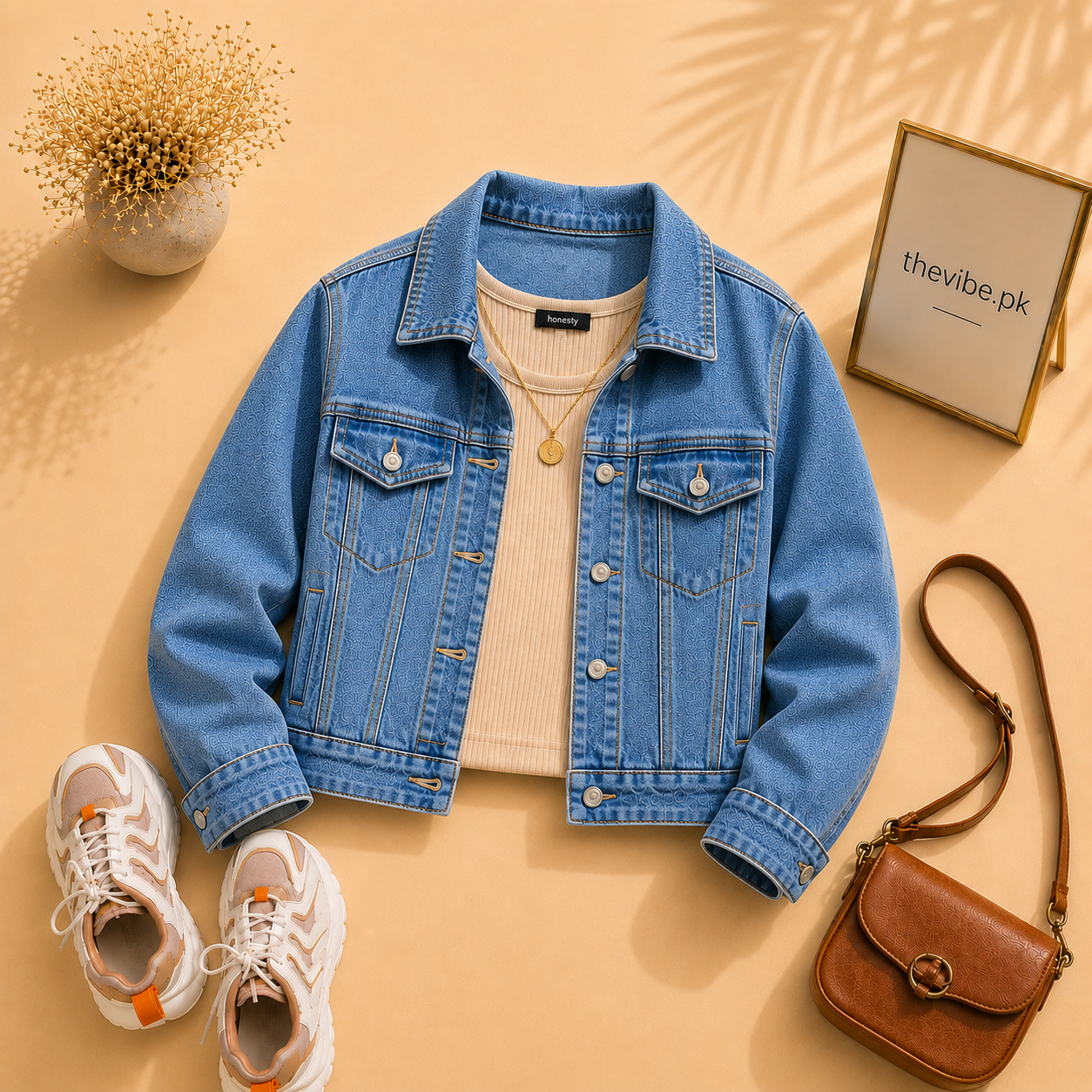 MID BLUE DENIM JACKET WITH BEIGE TANK TOP