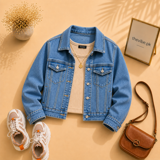MID BLUE DENIM JACKET WITH BEIGE TANK TOP