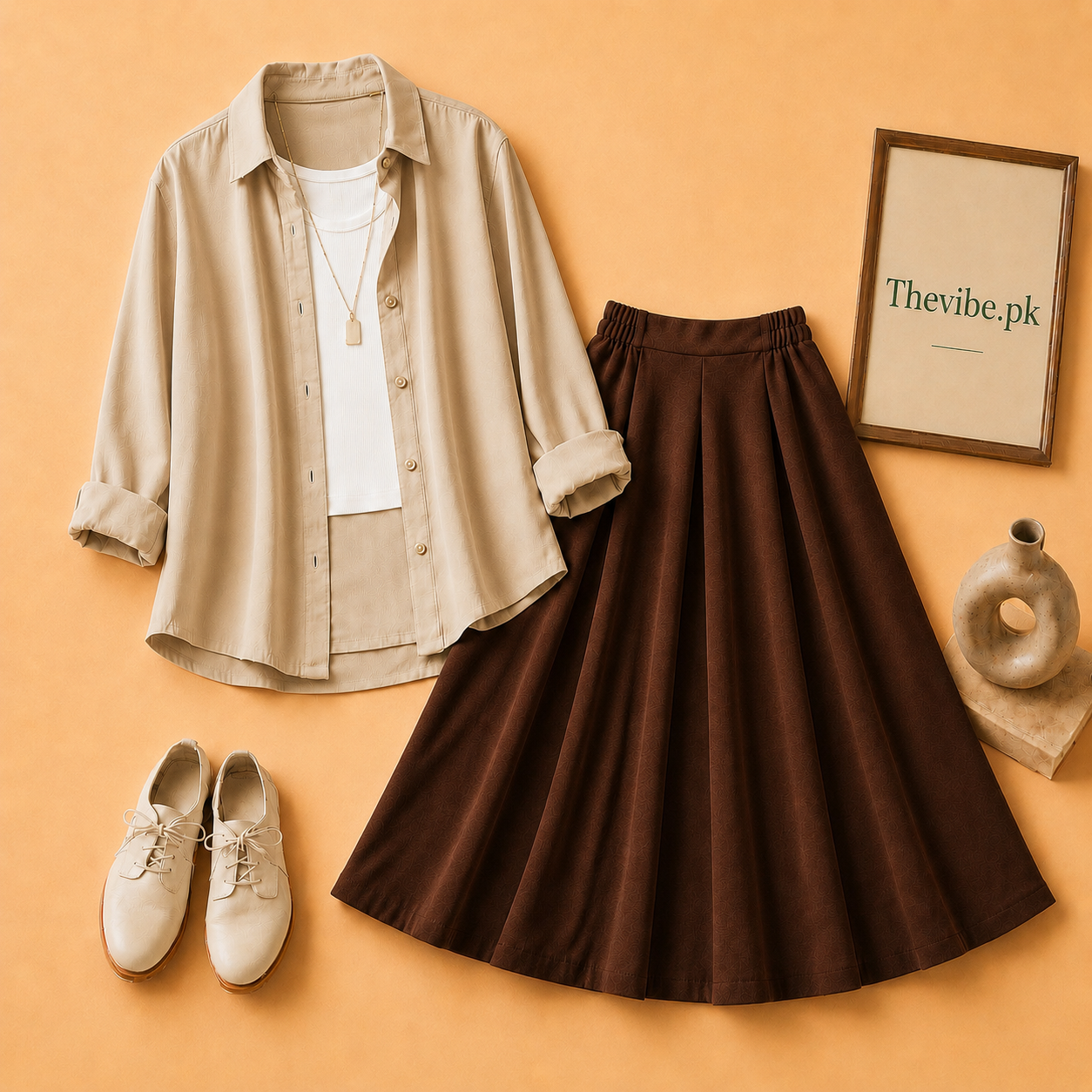 BEIGE BUTTON DOWN SHIRT WITH WHITE TANKTOP AND BROWN TWILL SHIRT