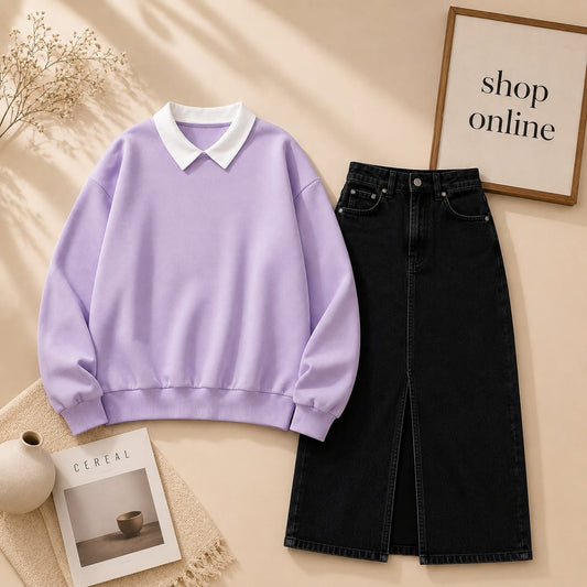 LILAC COLLAR SWEATSHIRT WITH BLACK SHIRT