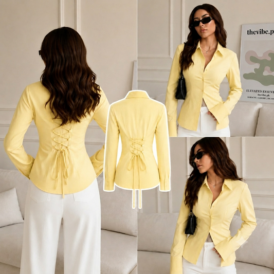YELLOW CORSET LACE-UP BACK STRIPE SHIRT