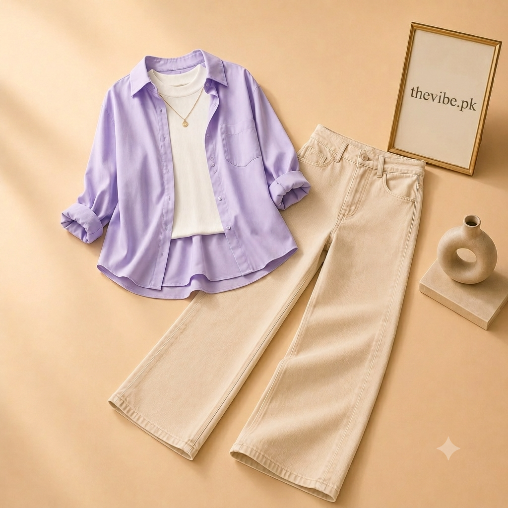 LILAC BUTTON DOWN SHIRT  WITH WHITE TANK TOP BEIGE WIDE LEG JEANS (3Pcs)