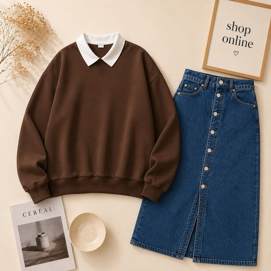 BROWN COLLAR SWEATSHIRT WITH MID BLUE SHIRT