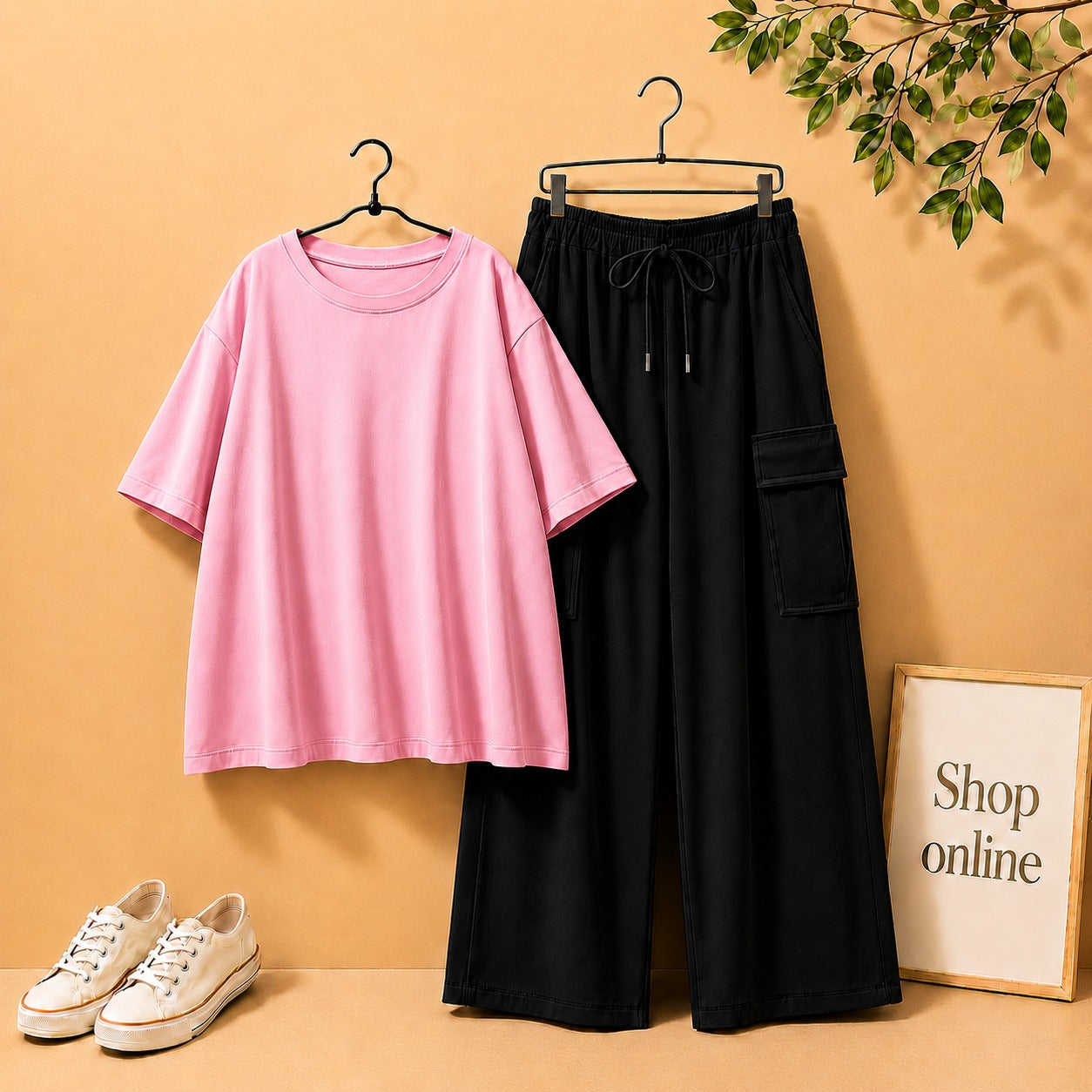 PINK DROP SHOULDER TEE SHIRT WITH BLACK CARGO TROUSER