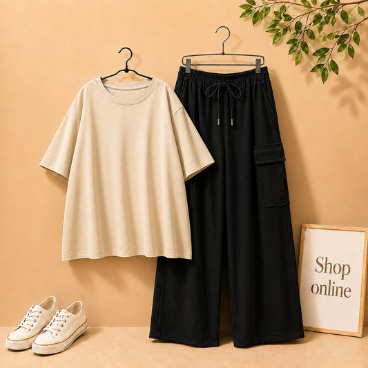 BEIGE DROP SHOULDER TEE SHIRT WITH BLACK CARGO TROUSER