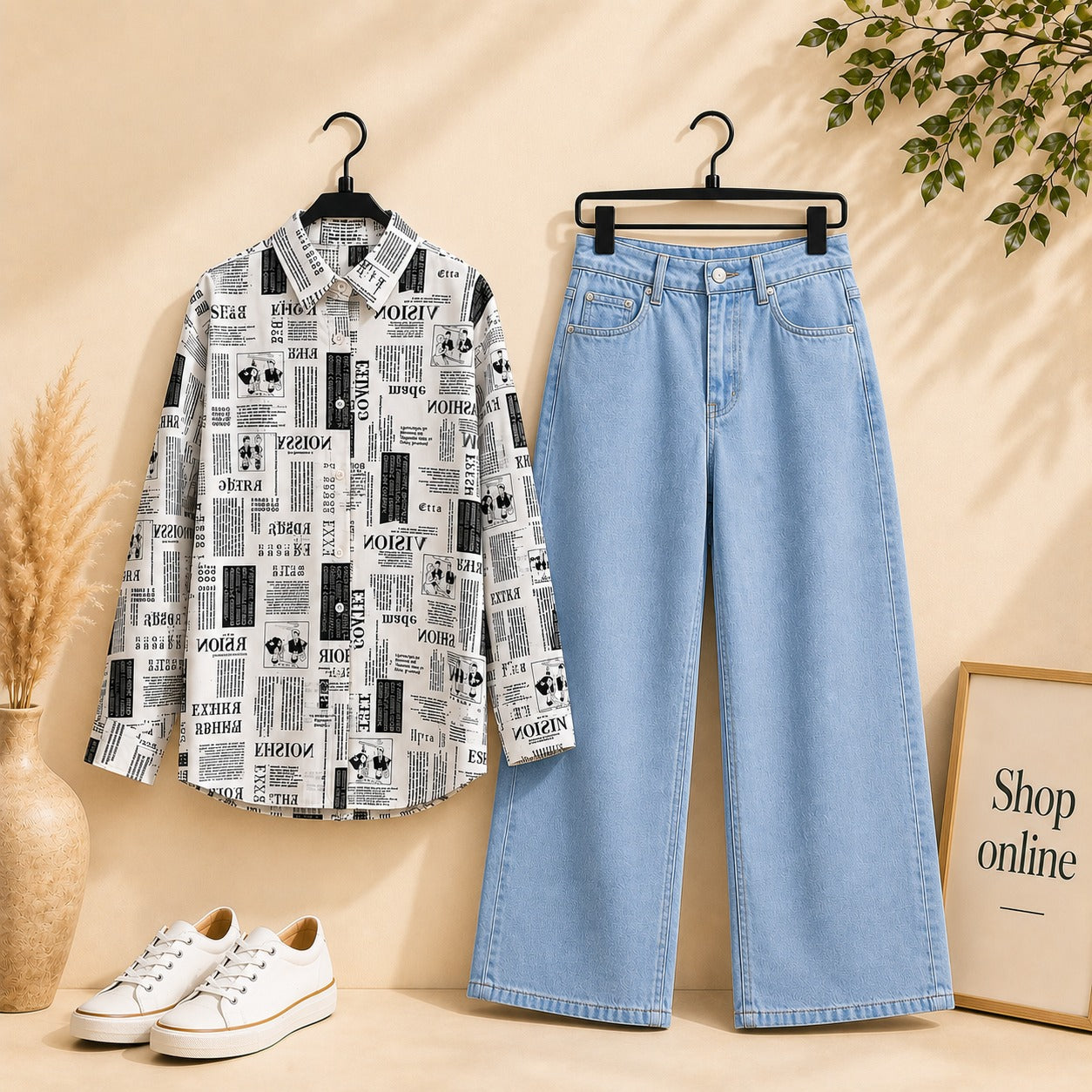 NEWS PAPER  BUTTON SHIRT WITH SKY BLUE WIDE LAG JEANS