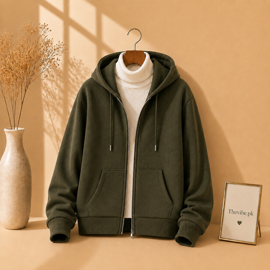 OLIVE GREEN ZIPPER HOODIE WITH WHITE HIGH NECK