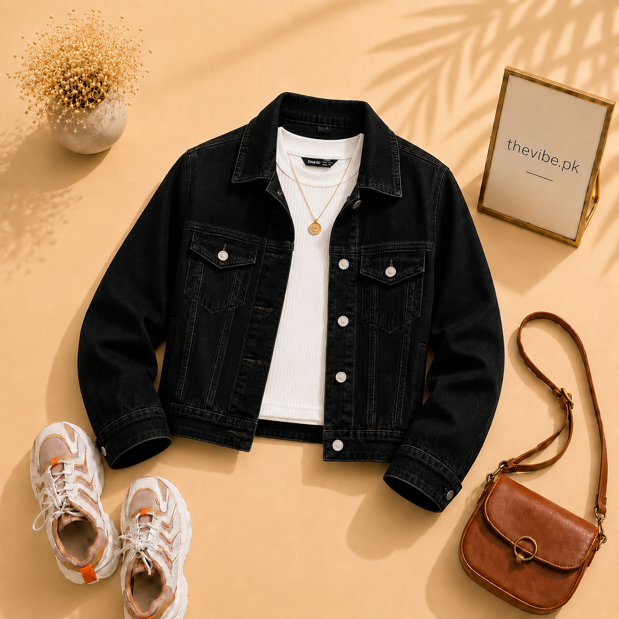 BLACK DENIM JACKET WITH WHITE TANK TOP