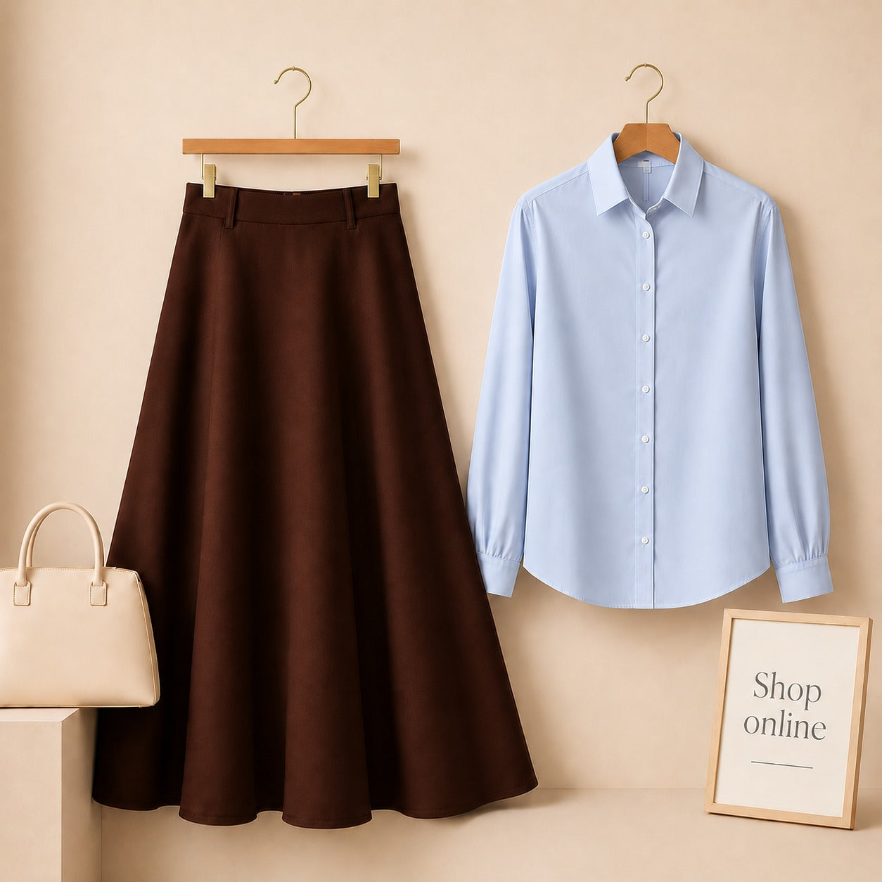 SKY BLUE BUTTON DOWN WITH DARK BROWN COTTON TWILL SKIRT