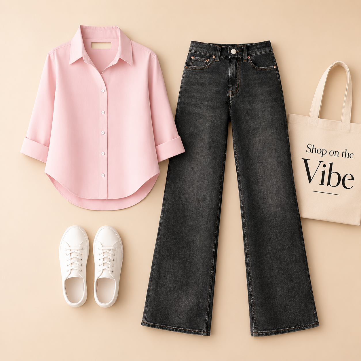 BABY PINK BUTTON SHIRT WITH MALAYSIAN BLACK WIDE LAG JEANS