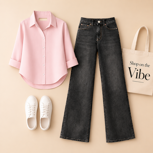 BABY PINK BUTTON SHIRT WITH MALAYSIAN BLACK WIDE LAG JEANS