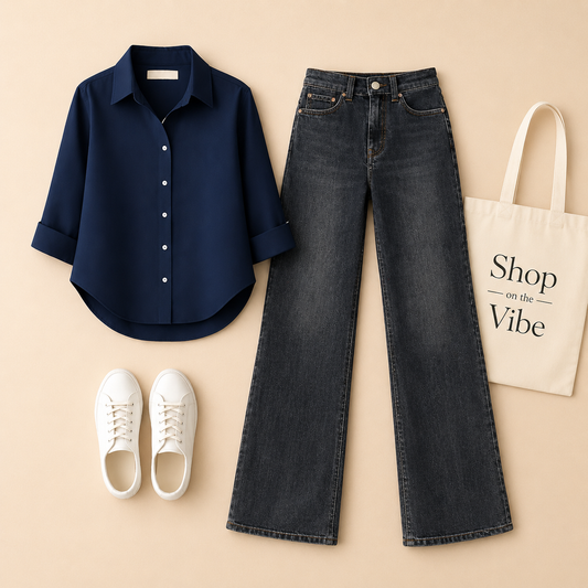 NAVY BLUE BUTTON SHIRT WITH MALAYSIAN BLACK WIDE LAG JEANS