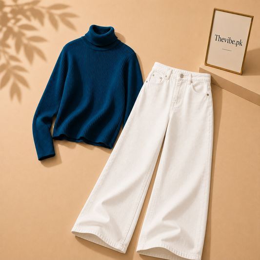 PETROLEUM BLUE RIBKNIT HIGH NACK WITH WHITE WIDE LEG JEANS