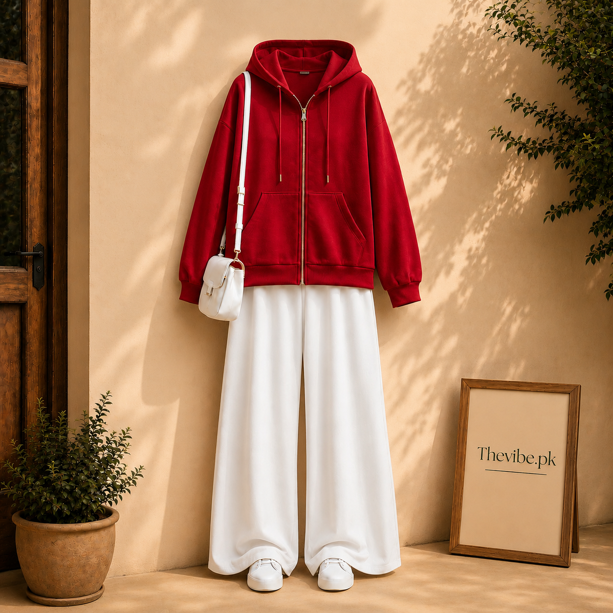 RED ZIP HOODIE WITH WHITE FLAPPER