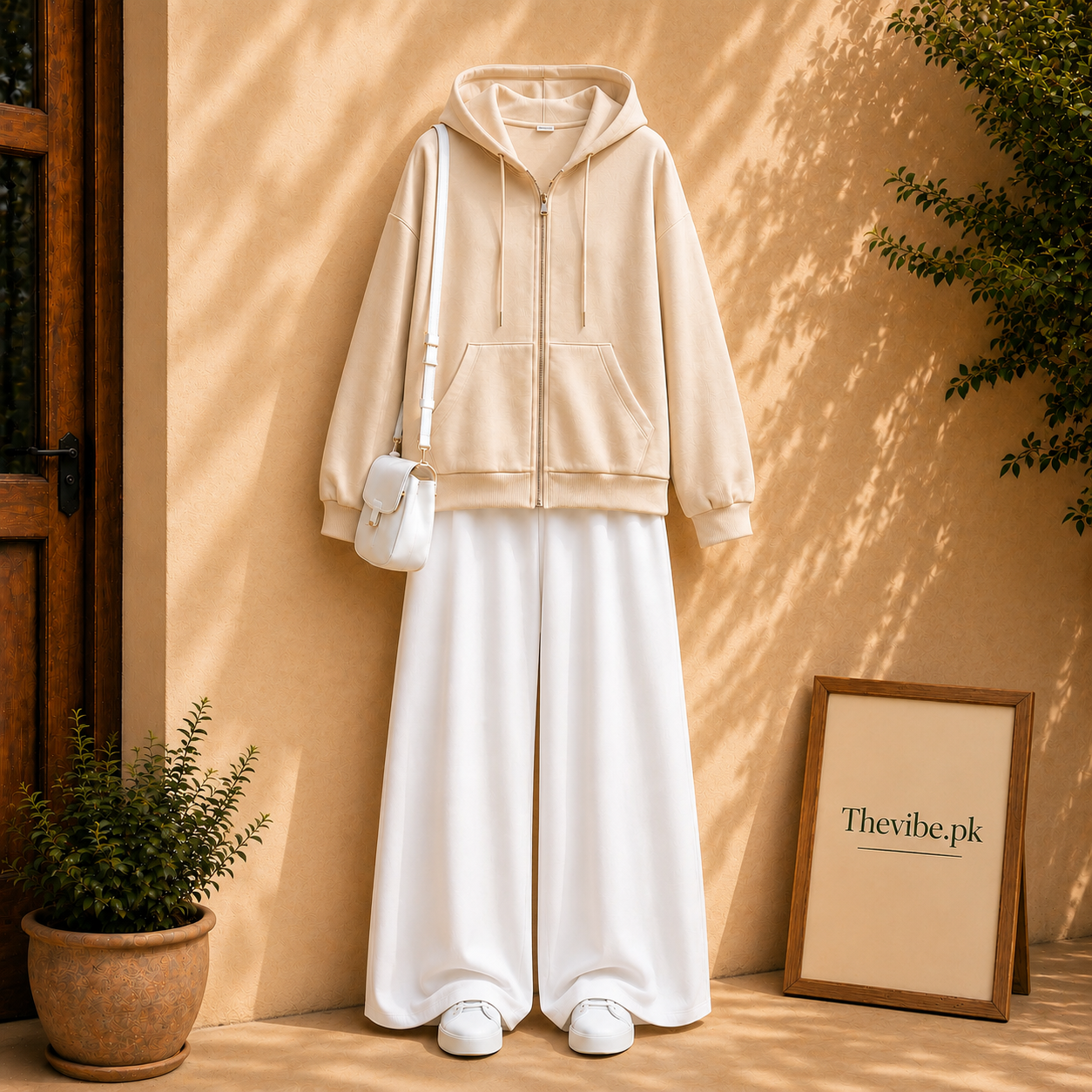 BEIGE ZIP HOODIE WITH WHITE FLAPPER