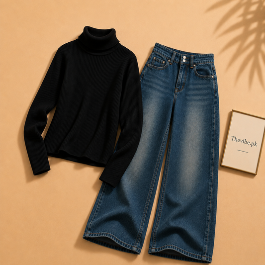 BLACK RIBKNIT HIGH NACK WITH DARKISH BLUE WIDE LEG JEANS