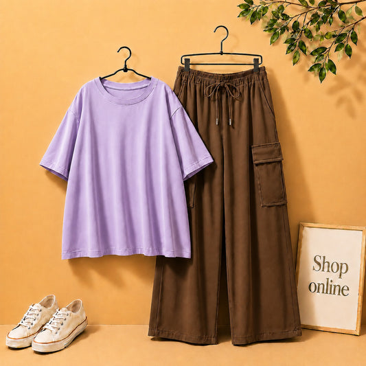 LILAC DROP SHOULDER TEE SHIRT WITH DARK BROWN CARGO TROUSER