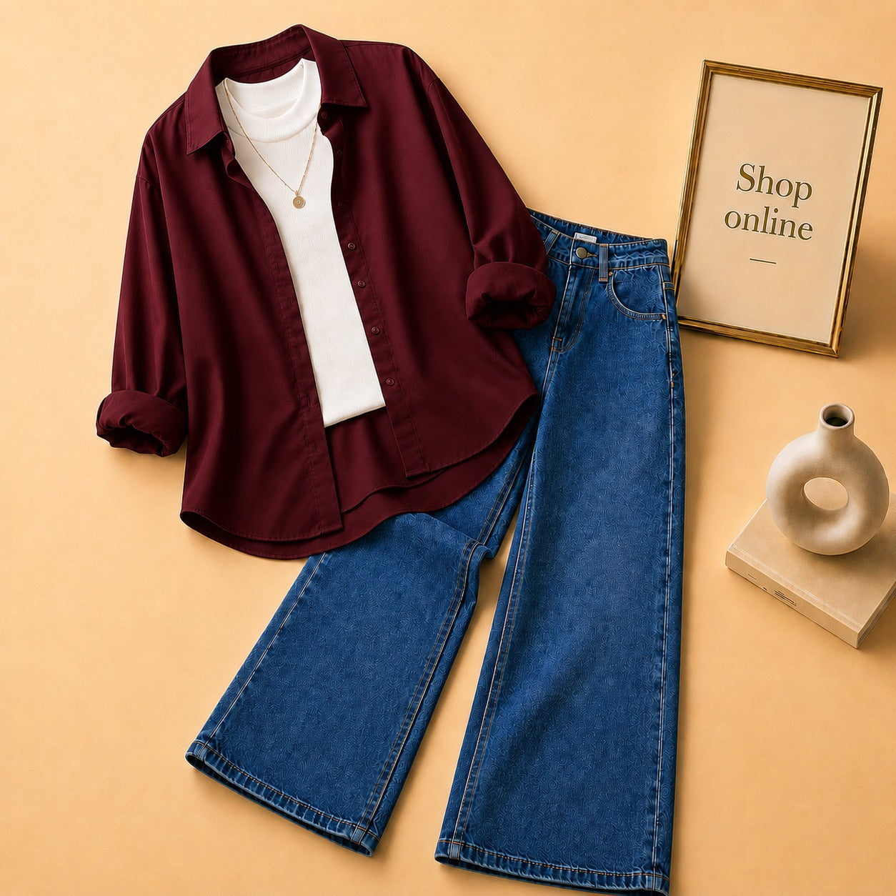MAROON BUTTON DOWN SHIRT WITH WHITE TANK TOP MID BLUE WIDE LEG JEANS (3Pcs)