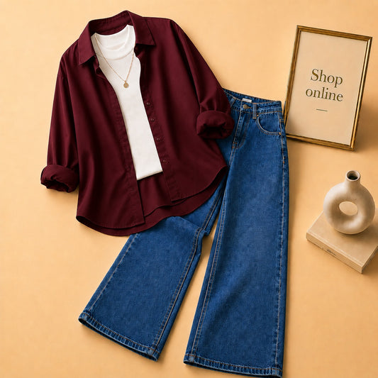 MAROON BUTTON DOWN SHIRT WITH WHITE TANK TOP MID BLUE WIDE LEG JEANS (3Pcs)