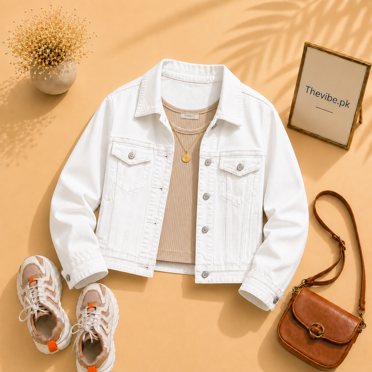 WHITE DENIM JACKET WITH BEIGE TANK TOP