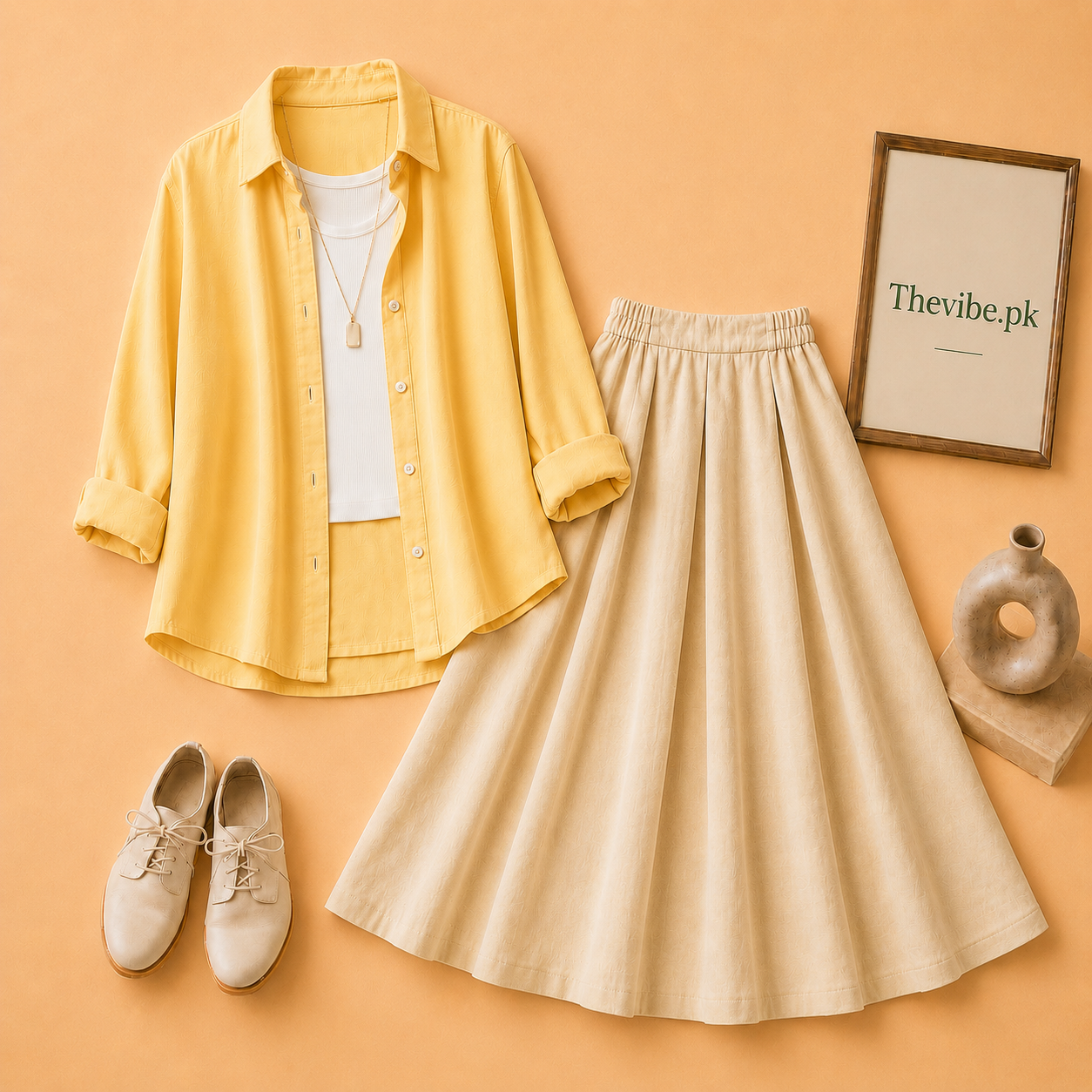 YELLOW BUTTON DOWN SHIRT WITH WHITE TANKTOP AND BEIGE TWILL SHIRT