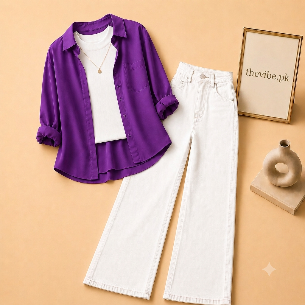 PURPLE BUTTON DOWN SHIRT  WITH WHITE TANK TOP WHITE WIDE LEG JEANS (3Pcs)
