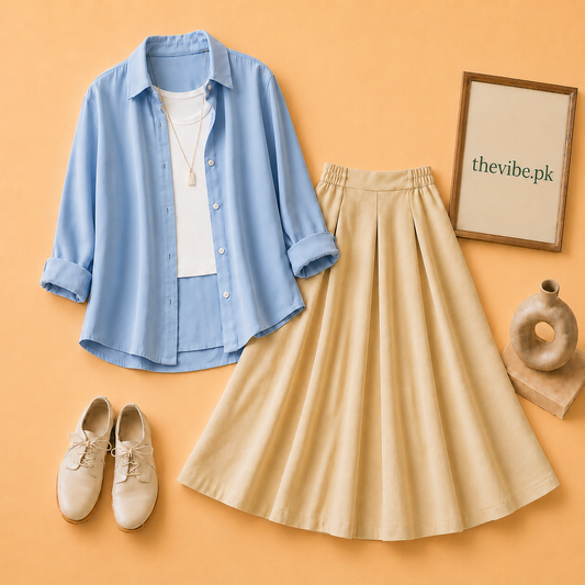 SKY BUTTON DOWN SHIRT WITH WHITE TANKTOP AND BEIGE TWILL SHIRT