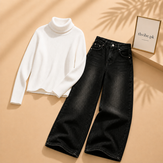 WHITE RIBKNIT HIGH NACK WITH MALAYSIAN  WIDE LEG JEANS
