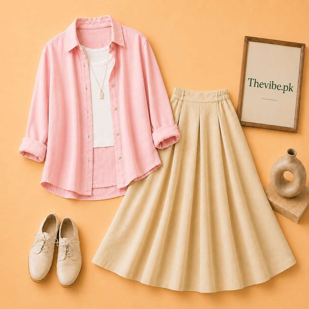 PINK BUTTON DOWN SHIRT WITH WHITE TANKTOP AND BEIGE TWILL SHIRT