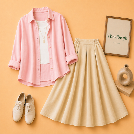 PINK BUTTON DOWN SHIRT WITH WHITE TANKTOP AND BEIGE TWILL SHIRT